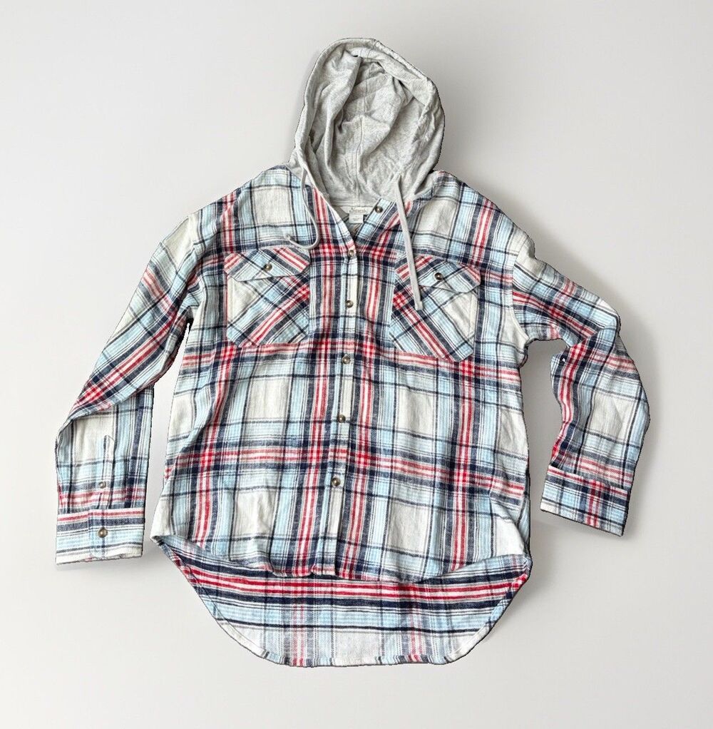 Natural Reflections Womens L Hooded Flannel Shirt Plaid Button Up White Red NWT
